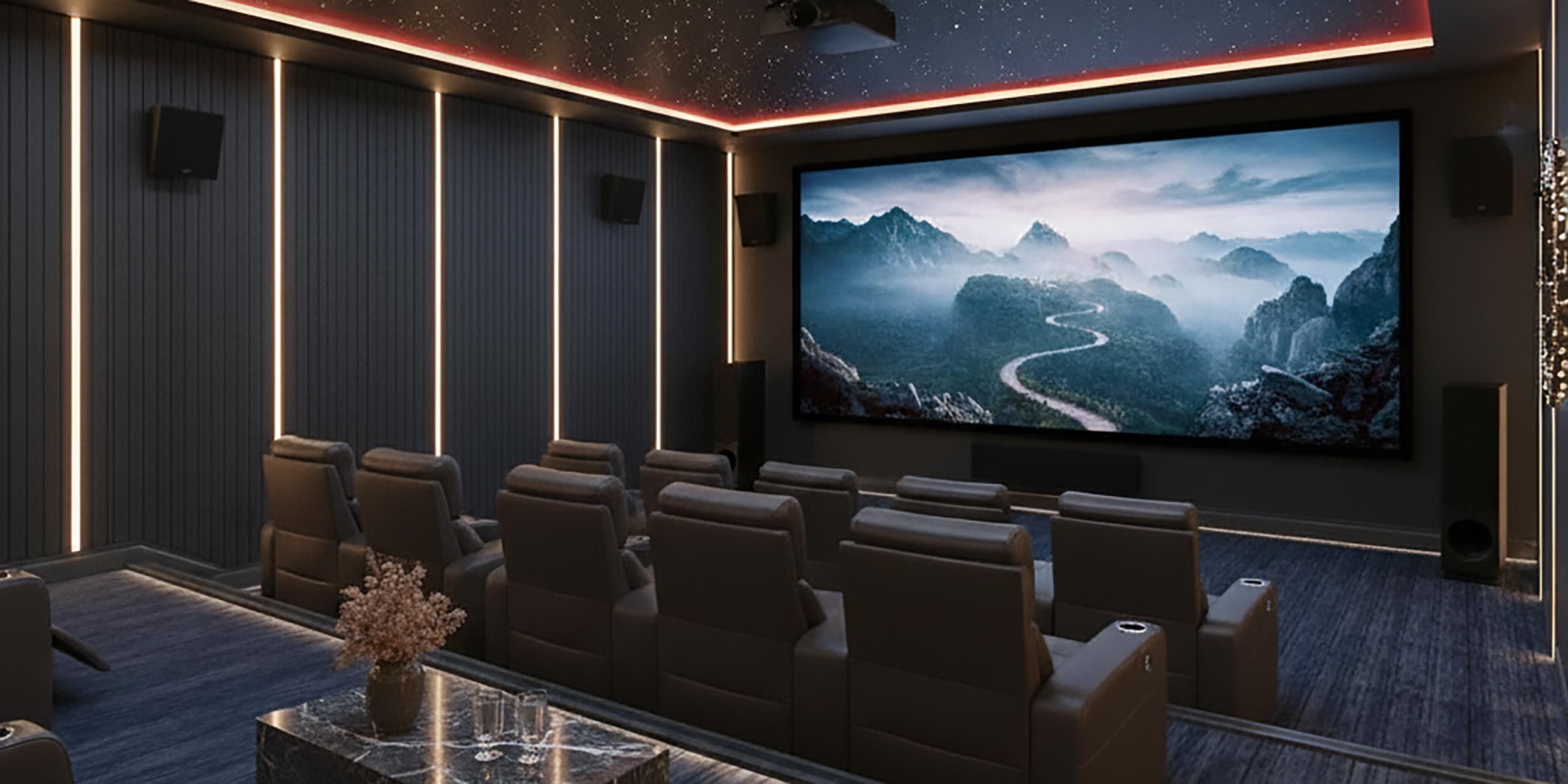 Home theater with recliner seating and a large projection screen