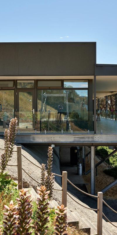 Elevated modern house with large windows and surrounding landscape