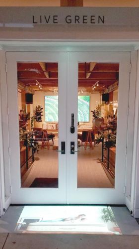 Double doors leading into a store with a projected floor display