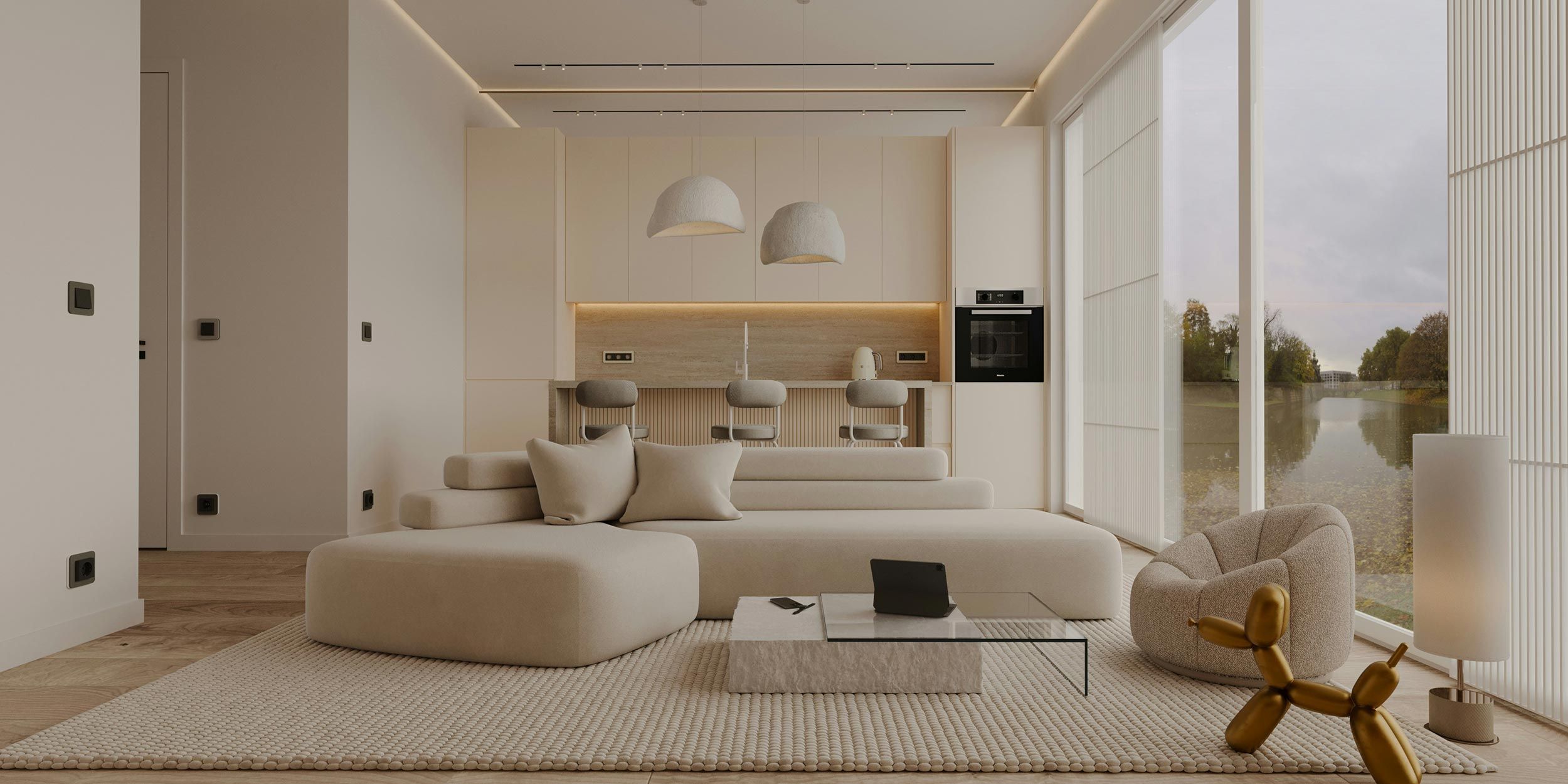 Minimalist living space with neutral furniture facing large windows