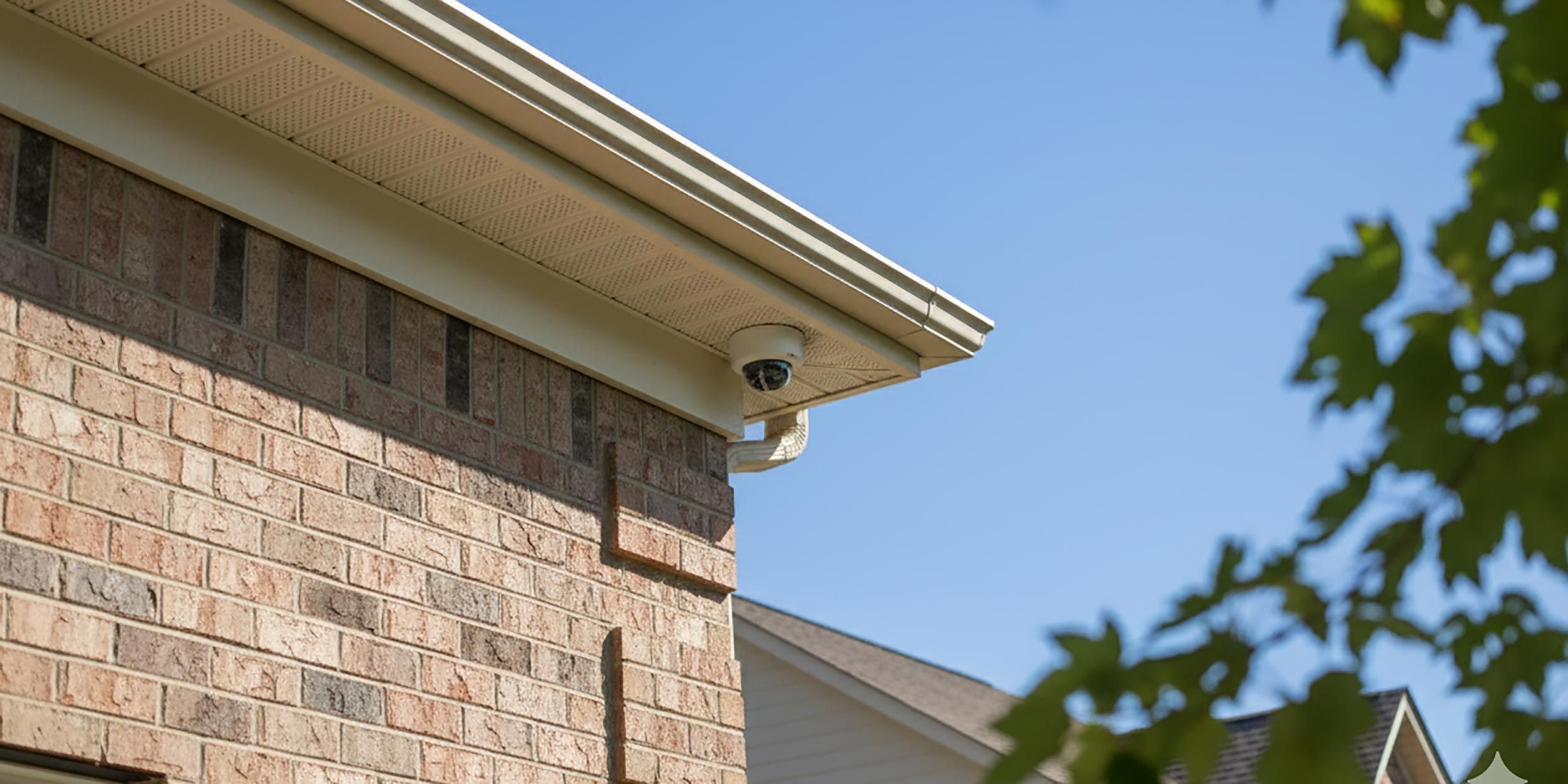 Outdoor camera mounted under a roof eave on a brick house