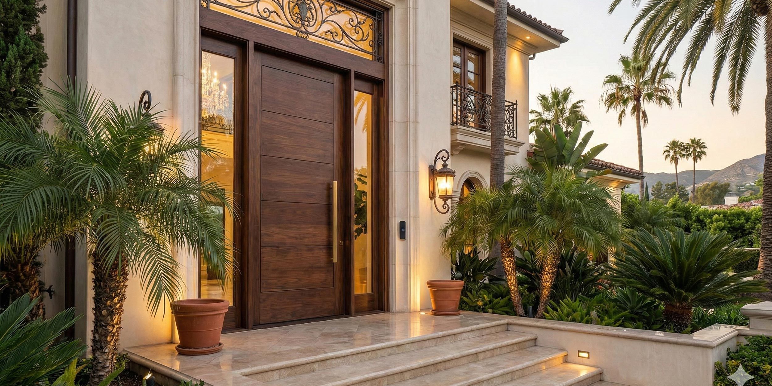 Large front entry with wood door and exterior lighting
