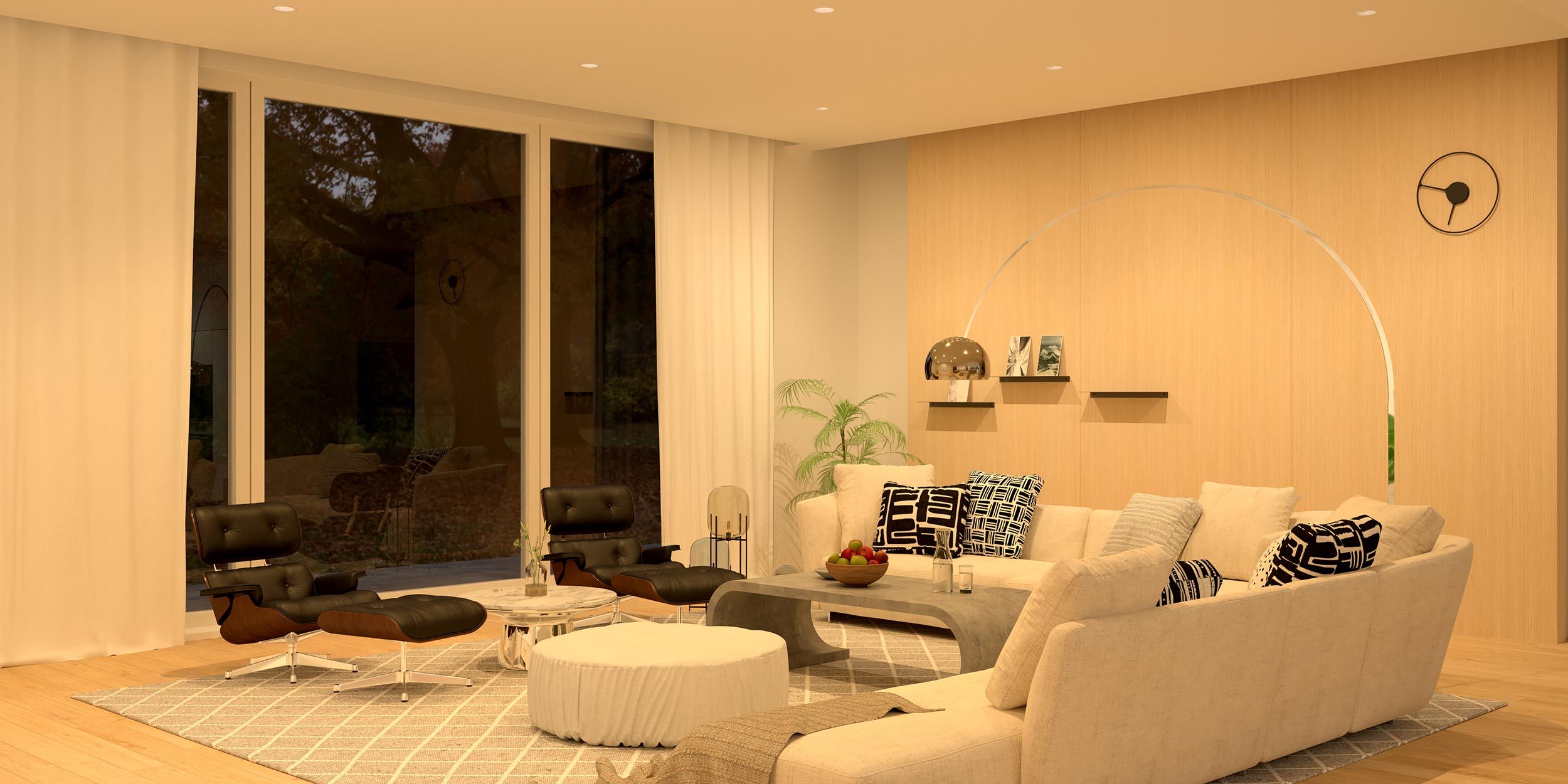Living room with warm lighting and floor to ceiling windows
