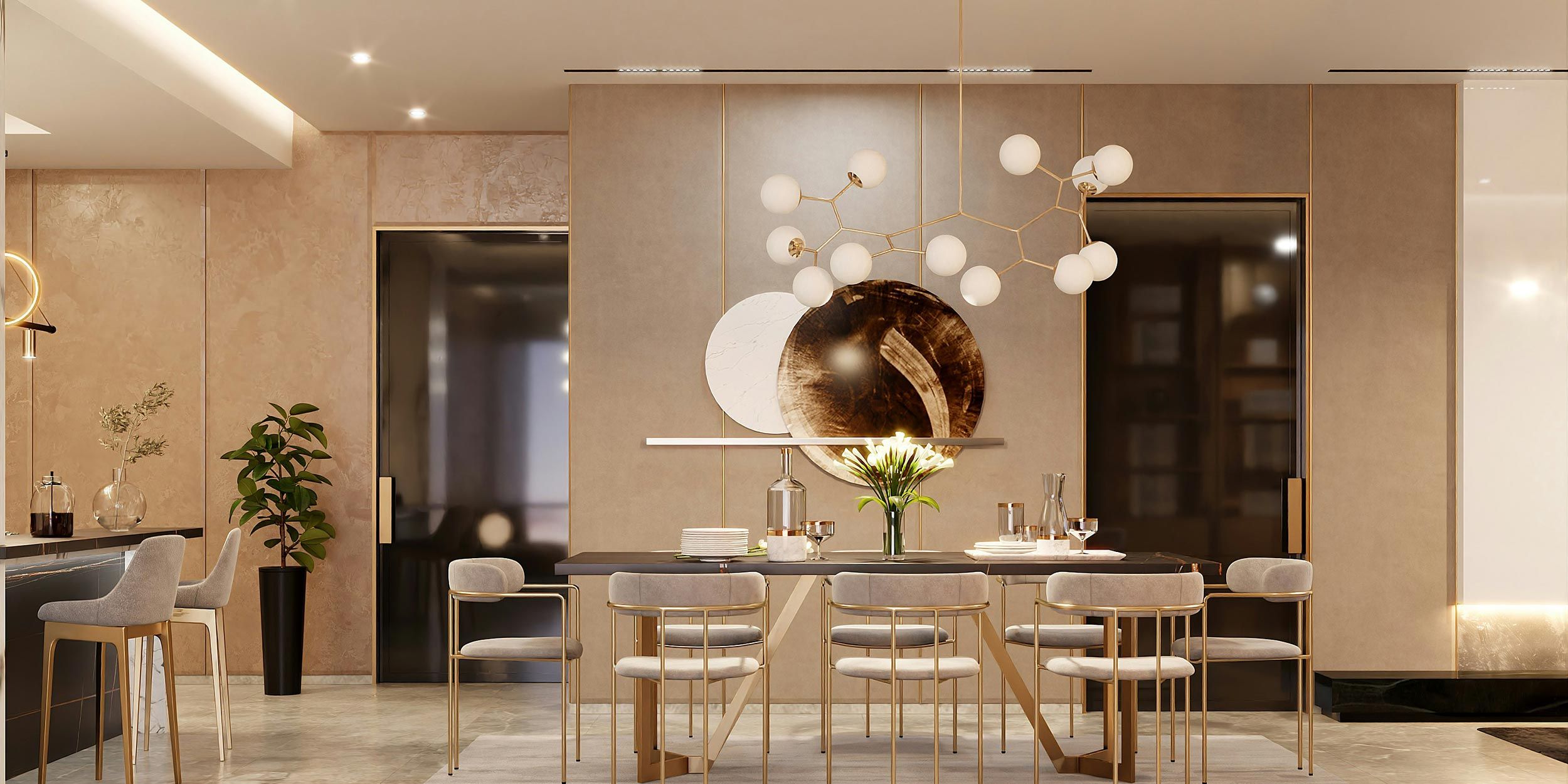 Modern dining room with gold accents and contemporary decor